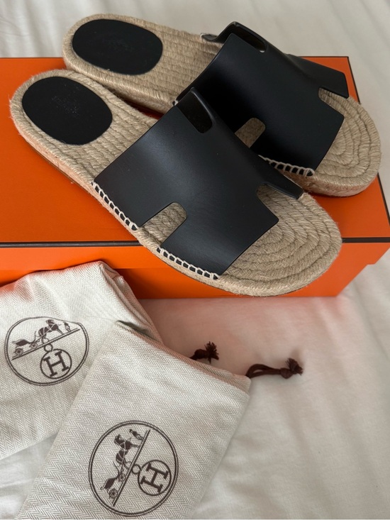 Hermes Other - Hermes Men’s Black Leather Espadrille Slide Slip Ons